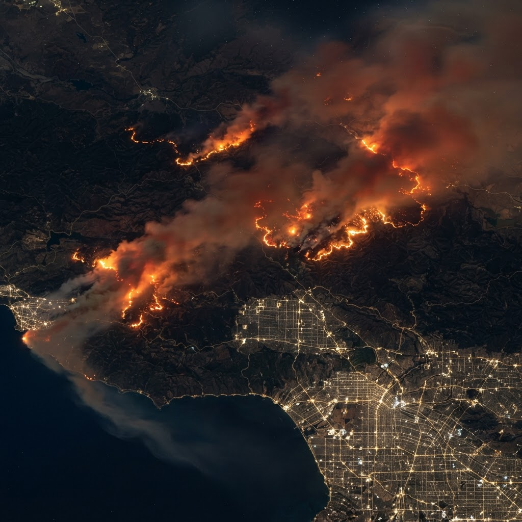 Aerial view of multiple wildfires burning at night