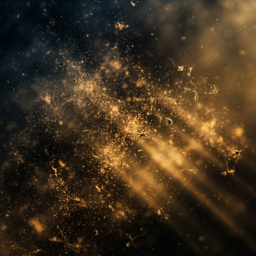 Macro photograph of wildfire smoke particles backlit by golden sunlight